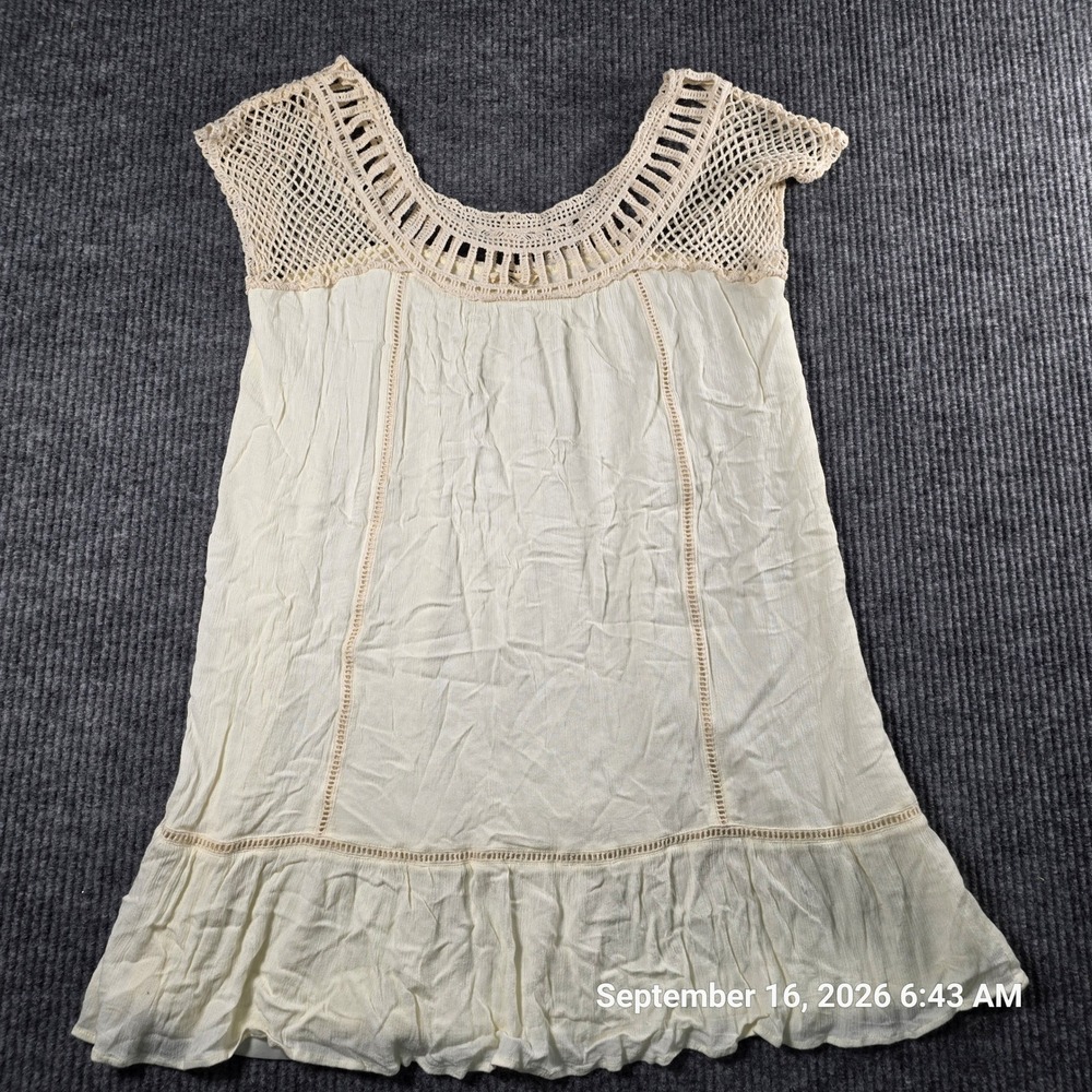 Entro Women Cream Crochet Lace Yoke Gauze Ruffle Hem Tunic Top Large
